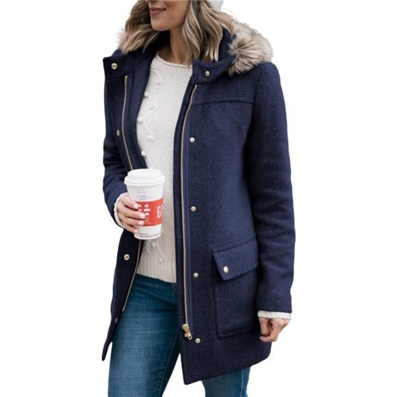 Jackets & Coats Womens Coats Mid Length With Faux Fur Hood Navy Blue